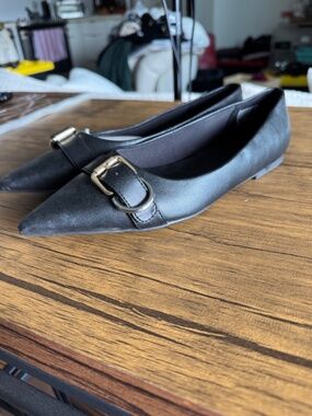 A New Day Pointed Toe Buckle  Memory Foam Black Leather Flats